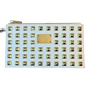 Michael Kors Saffiano Genuine Leather Minaudière Metal Stud Zip Wristlet Cream